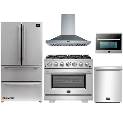 Forno 5-Piece Pro Appliance Package - 36-Inch Gas Range, Refrigerator, Wall Mount Hood, Microwave Oven, & 3-Rack Dishwasher in Stainless Steel