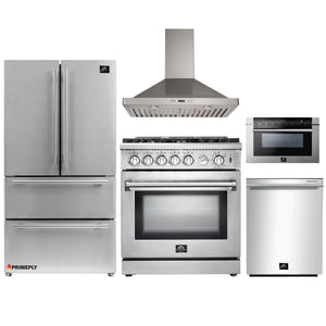 Forno 5-Piece Appliance Package - 30-Inch Gas Range, Refrigerator, Wall Mount Hood, Microwave Drawer, & 3-Rack Dishwasher in Stainless Steel