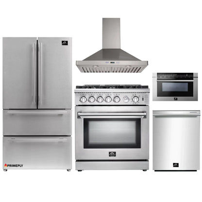 Forno 5-Piece Appliance Package - 30-Inch Gas Range, Refrigerator, Wall Mount Hood, Microwave Drawer, & 3-Rack Dishwasher in Stainless Steel