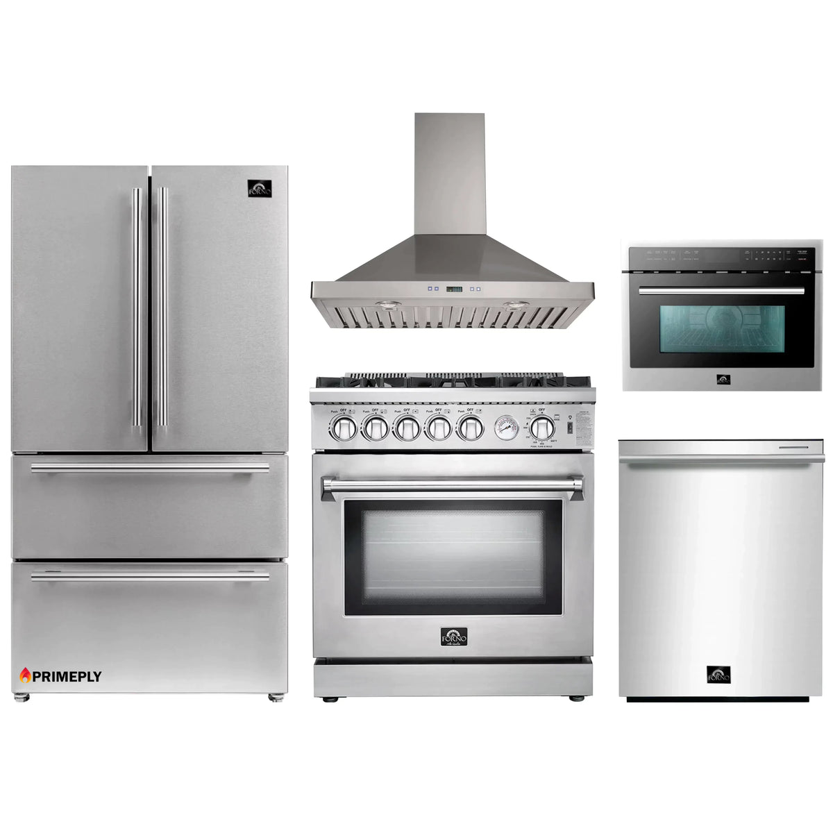 Forno 5-Piece Appliance Package - 30-Inch Gas Range, Refrigerator, Wall Mount Hood, Microwave Oven, & 3-Rack Dishwasher in Stainless Steel