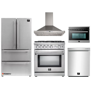 Forno 5-Piece Appliance Package - 30-Inch Gas Range, Refrigerator, Wall Mount Hood, Microwave Oven, & 3-Rack Dishwasher in Stainless Steel