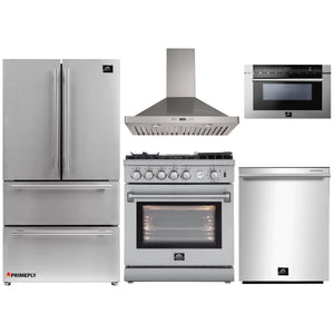 Forno 5-Piece Appliance Package - 30-Inch Gas Range with Air Fryer, Refrigerator, Wall Mount Hood, Microwave Drawer, & 3-Rack Dishwasher in Stainless Steel