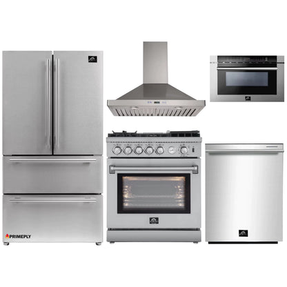 Forno 5-Piece Appliance Package - 30-Inch Gas Range with Air Fryer, Refrigerator, Wall Mount Hood, Microwave Drawer, & 3-Rack Dishwasher in Stainless Steel