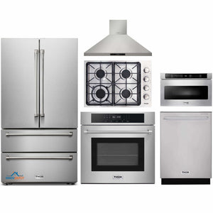 Thor Kitchen 6-Piece Pro Appliance Package - 30-Inch Gas Cooktop, Electric Wall Oven, Wall Mount Hood, Refrigerator, Dishwasher, & Microwave Drawer in Stainless Steel