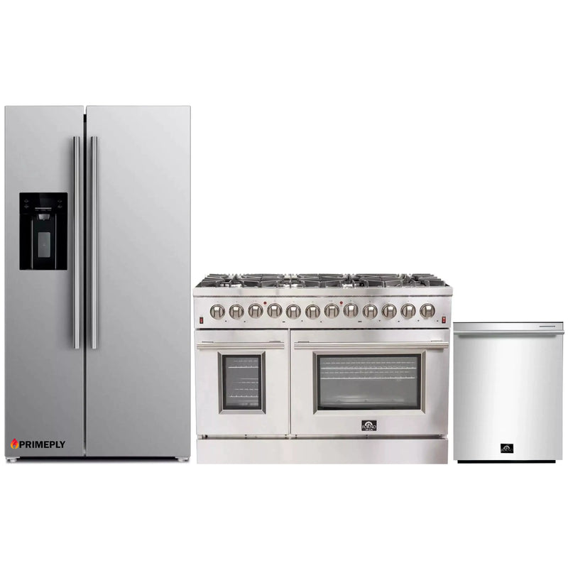 Forno 3-Piece Appliance Package - 48-Inch Dual Fuel Range, Refrigerator with Water Dispenser, & Dishwasher in Stainless Steel