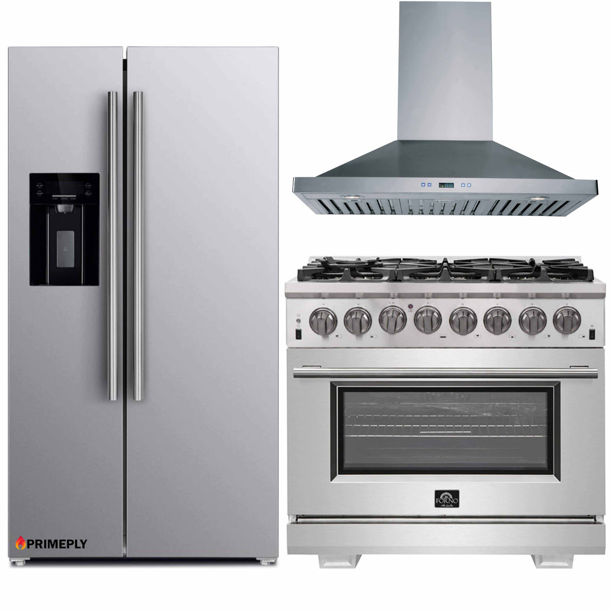Forno 3-Piece Pro Appliance Package - 36-Inch Dual Fuel Range, Refrigerator with Water Dispenser, & Wall Mount Hood in Stainless Steel