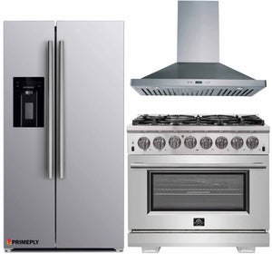 Forno 3-Piece Pro Appliance Package - 36-Inch Dual Fuel Range, Refrigerator with Water Dispenser, & Wall Mount Hood in Stainless Steel