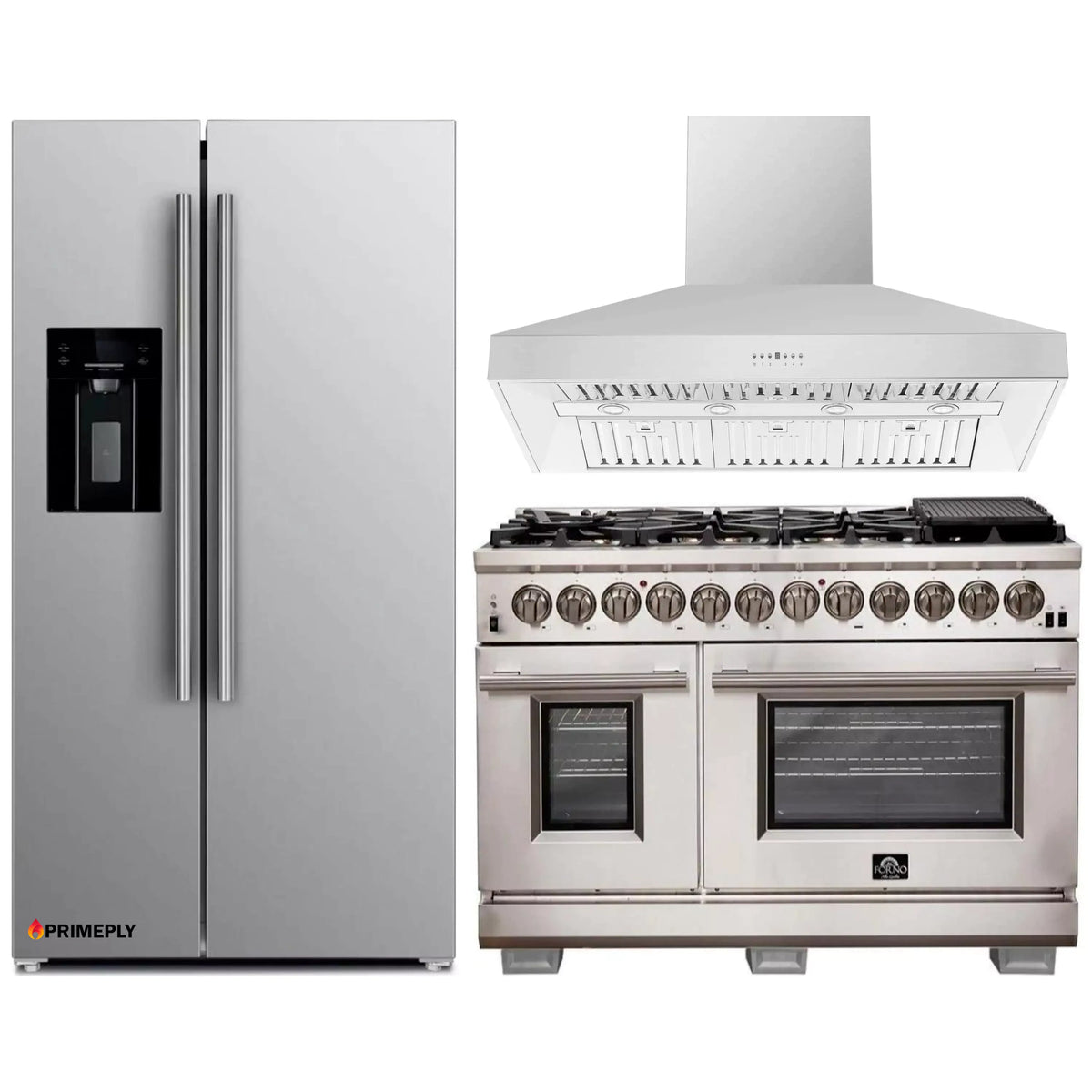Forno 3-Piece Pro Appliance Package - 48-Inch Dual Fuel Range, Refrigerator with Water Dispenser, & Wall Mount Hood in Stainless Steel
