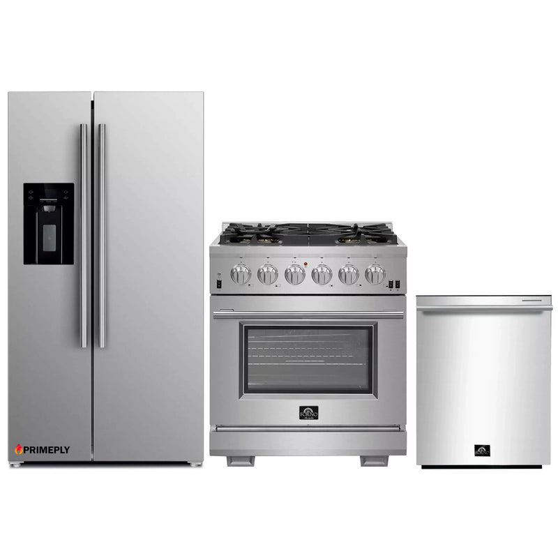 Forno 3-Piece Pro Appliance Package - 30-Inch Gas Range, Refrigerator with Water Dispenser, & Dishwasher in Stainless Steel