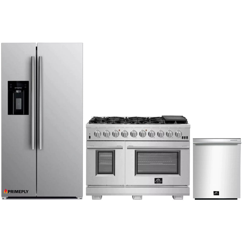 Forno 3-Piece Pro Appliance Package - 48-Inch Gas Range, Refrigerator with Water Dispenser, & Dishwasher in Stainless Steel