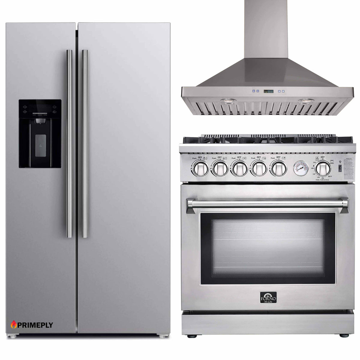 Forno 3-Piece Appliance Package - 30-Inch Gas Range, Refrigerator with Water Dispenser,& Wall Mount Hood in Stainless Steel