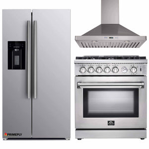 Forno 3-Piece Appliance Package - 30-Inch Gas Range, Refrigerator with Water Dispenser,& Wall Mount Hood in Stainless Steel