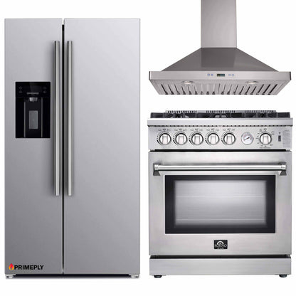 Forno 3-Piece Appliance Package - 30-Inch Gas Range, Refrigerator with Water Dispenser,& Wall Mount Hood in Stainless Steel