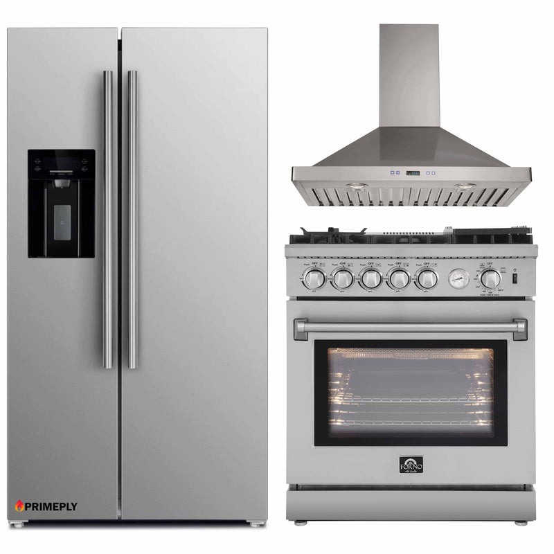 Forno 3-Piece Appliance Package - 30-Inch Gas Range with Air Fryer, Refrigerator with Water Dispenser,& Wall Mount Hood in Stainless Steel