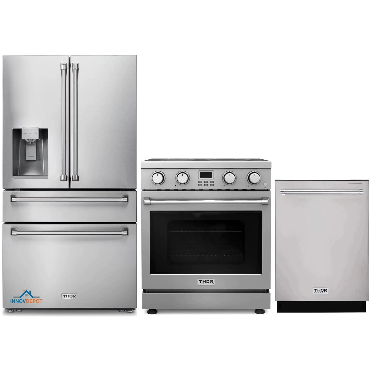 Thor Kitchen 3-Piece Appliance Package - 30-Inch Electric Range, Refrigerator with Water Dispenser, and Dishwasher in Stainless Steel