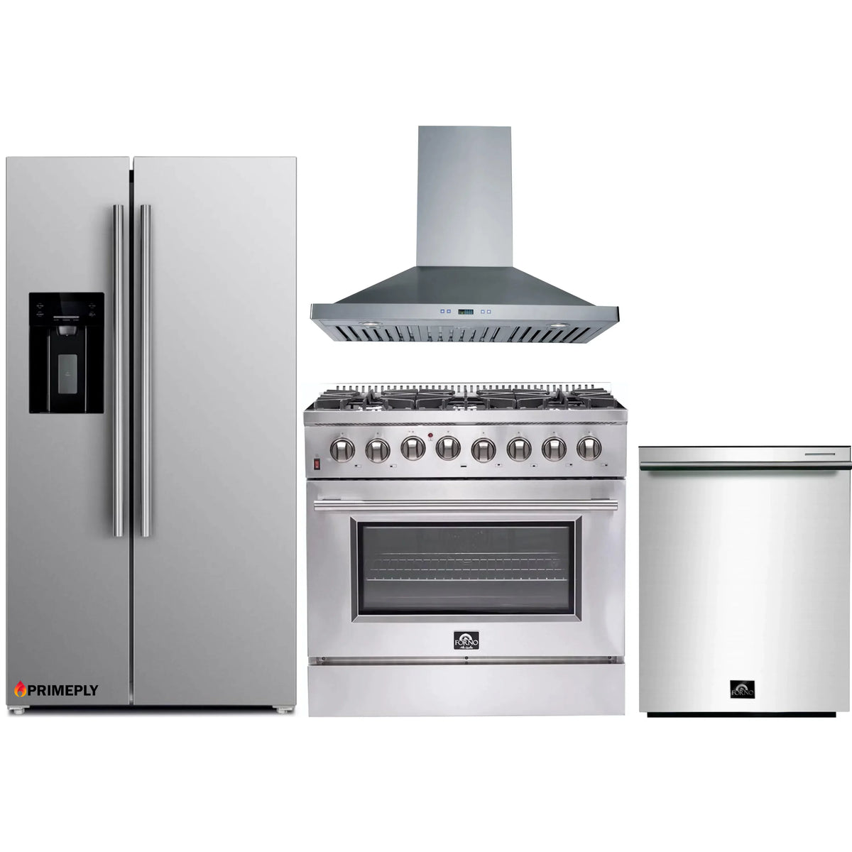 Forno 4-Piece Appliance Package - 36-Inch Dual Fuel Range, Refrigerator with Water Dispenser, Wall Mount Hood, & 3-Rack Dishwasher in Stainless Steel