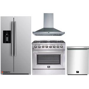 Forno 4-Piece Appliance Package - 36-Inch Dual Fuel Range, Refrigerator with Water Dispenser, Wall Mount Hood, & 3-Rack Dishwasher in Stainless Steel