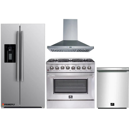 Forno 4-Piece Appliance Package - 36-Inch Dual Fuel Range, Refrigerator with Water Dispenser, Wall Mount Hood, & 3-Rack Dishwasher in Stainless Steel