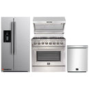 Forno 4-Piece Appliance Package - 36-Inch Dual Fuel Range, Refrigerator with Water Dispenser, Wall Mount Hood with Backsplash, & 3-Rack Dishwasher in Stainless Steel