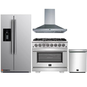 Forno 4-Piece Pro Appliance Package - 36-Inch Dual Fuel Range, Refrigerator with Water Dispenser, Wall Mount Hood, & 3-Rack Dishwasher in Stainless Steel