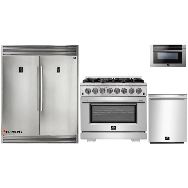 Forno 4-Piece Pro Appliance Package - 36-Inch Dual Fuel Range, Refrigerator with Water Dispenser, Microwave Drawer, & 3-Rack Dishwasher in Stainless Steel