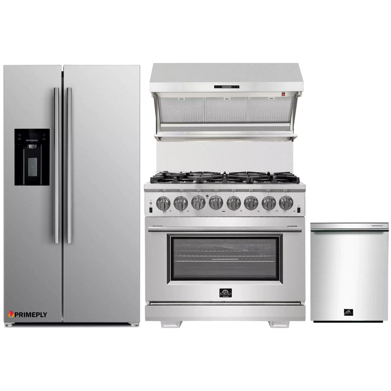 Forno 4-Piece Pro Appliance Package - 36-Inch Dual Fuel Range, Refrigerator with Water Dispenser, Wall Mount Hood with Backsplash, & 3-Rack Dishwasher in Stainless Steel