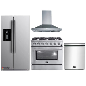 Forno 4-Piece Appliance Package - 36-Inch Gas Range, Refrigerator with Water Dispenser, Wall Mount Hood, & 3-Rack Dishwasher in Stainless Steel