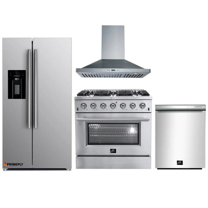 Forno 4-Piece Appliance Package - 36-Inch Gas Range, Refrigerator with Water Dispenser, Wall Mount Hood, & 3-Rack Dishwasher in Stainless Steel