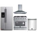 Forno 4-Piece Appliance Package - 36-Inch Gas Range, Refrigerator with Water Dispenser, Wall Mount Hood, & 3-Rack Dishwasher in Stainless Steel