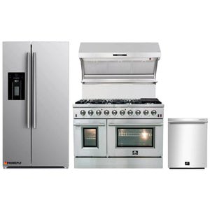 Forno 4-Piece Appliance Package - 48-Inch Gas Range, Refrigerator with Water Dispenser, Wall Mount Hood with Backsplash, & 3-Rack Dishwasher in Stainless Steel