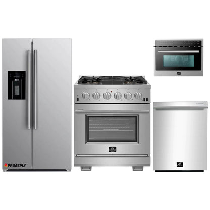 Forno 4-Piece Pro Appliance Package - 30-Inch Gas Range, Refrigerator with Water Dispenser, Microwave Oven, & 3-Rack Dishwasher in Stainless Steel