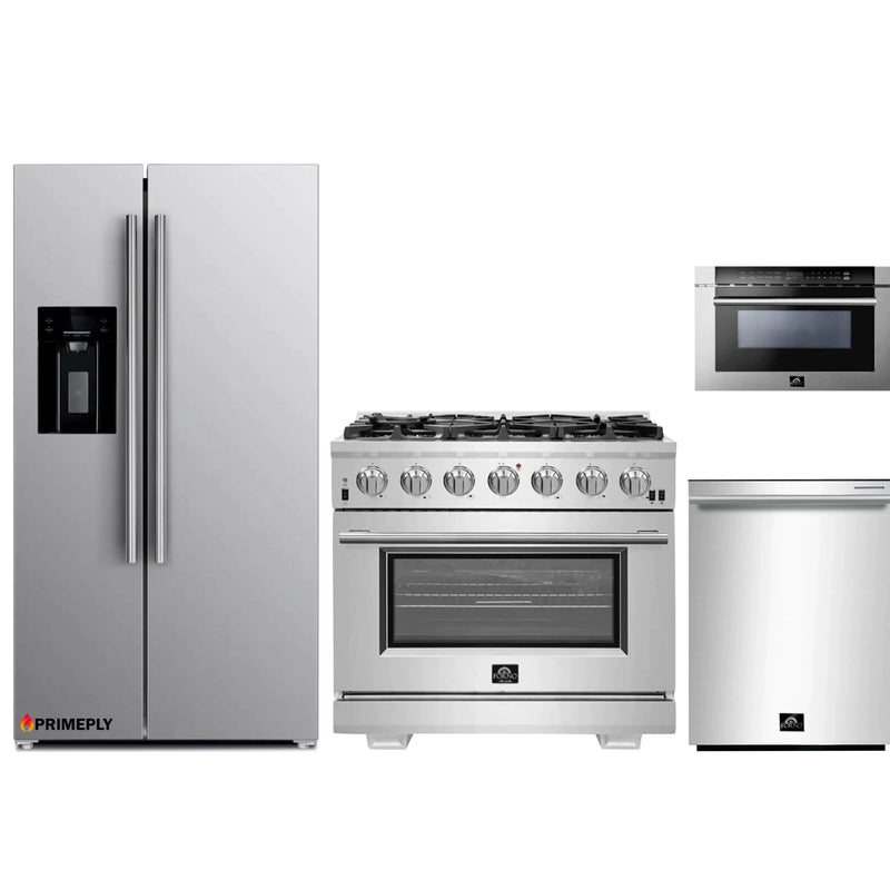 Forno 4-Piece Pro Appliance Package - 36-Inch Gas Range, Refrigerator with Water Dispenser, Microwave Drawer, & 3-Rack Dishwasher in Stainless Steel