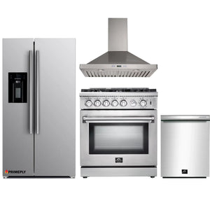 Forno 4-Piece Appliance Package - 30-Inch Gas Range, Refrigerator with Water Dispenser, Wall Mount Hood, & 3-Rack Dishwasher in Stainless Steel