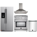 Forno 4-Piece Appliance Package - 30-Inch Gas Range, Refrigerator with Water Dispenser, Wall Mount Hood, & 3-Rack Dishwasher in Stainless Steel