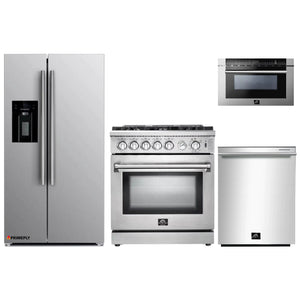 Forno 4-Piece Appliance Package - 30-Inch Gas Range, Refrigerator with Water Dispenser, Microwave Drawer, & 3-Rack Dishwasher in Stainless Steel