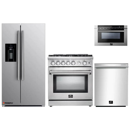 Forno 4-Piece Appliance Package - 30-Inch Gas Range, Refrigerator with Water Dispenser, Microwave Drawer, & 3-Rack Dishwasher in Stainless Steel