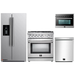 Forno 4-Piece Appliance Package - 30-Inch Gas Range, Refrigerator with Water Dispenser, Microwave Oven, & 3-Rack Dishwasher in Stainless Steel
