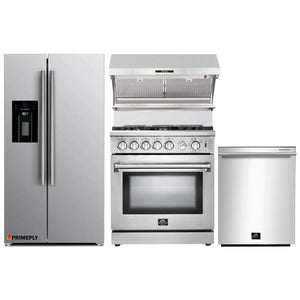 Forno 4-Piece Appliance Package - 30-Inch Gas Range, Refrigerator with Water Dispenser, Wall Mount Hood with Backsplash, & 3-Rack Dishwasher in Stainless Steel