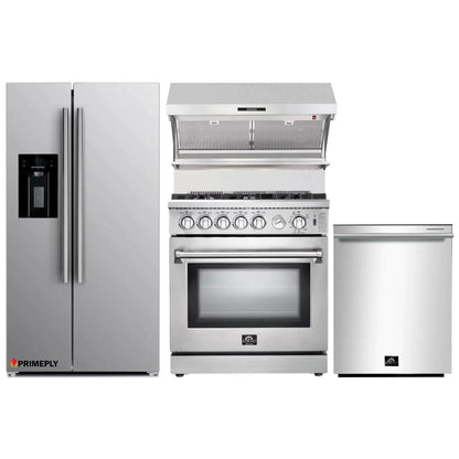 Forno 4-Piece Appliance Package - 30-Inch Gas Range, Refrigerator with Water Dispenser, Wall Mount Hood with Backsplash, & 3-Rack Dishwasher in Stainless Steel