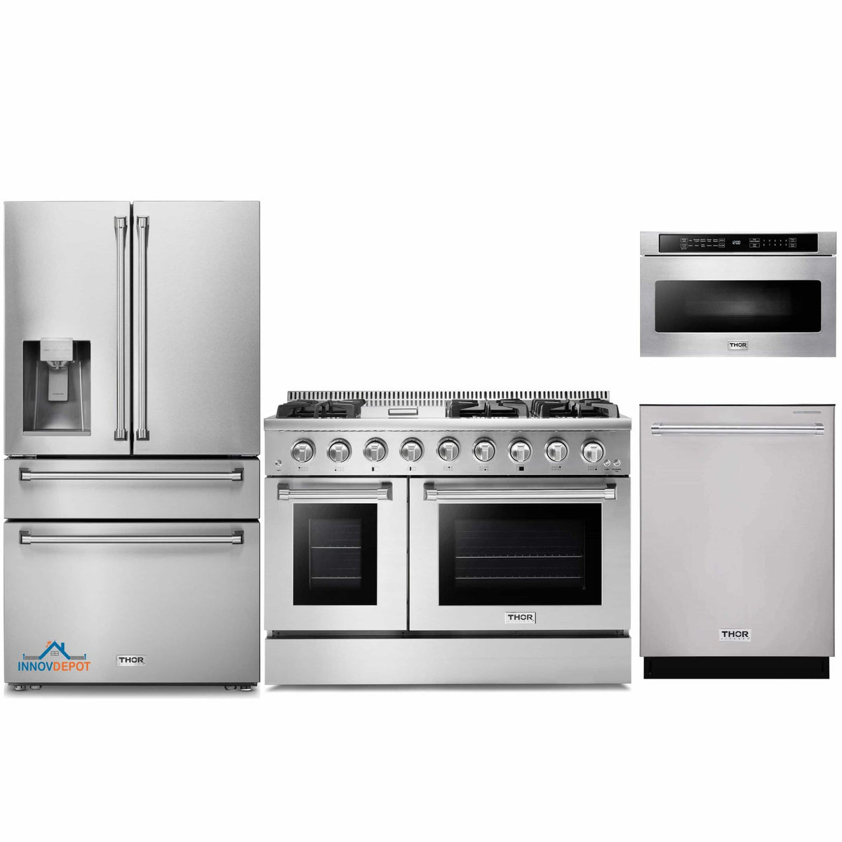 Thor Kitchen 4-Piece Pro Appliance Package - 48-Inch Gas Range, Refrigerator with Water Dispenser, Dishwasher, & Microwave Drawer in Stainless Steel
