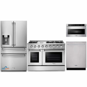 Thor Kitchen 4-Piece Pro Appliance Package - 48-Inch Gas Range, Refrigerator with Water Dispenser, Dishwasher, & Microwave Drawer in Stainless Steel