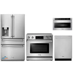 Thor Kitchen 4-Piece Appliance Package - 36-Inch Electric Range with Tilt Panel, Refrigerator with Water Dispenser, Dishwasher, & Microwave Drawer in Stainless Steel