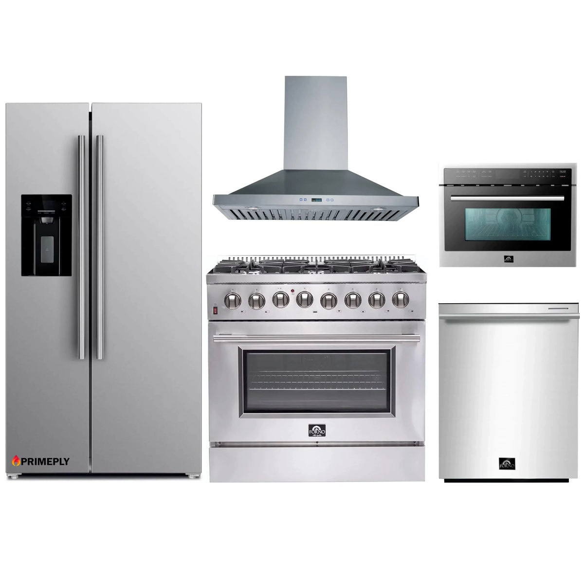 Forno 5-Piece Appliance Package - 36-Inch Dual Fuel Range, Refrigerator with Water Dispenser, Wall Mount Hood, Microwave Oven, & 3-Rack Dishwasher in Stainless Steel