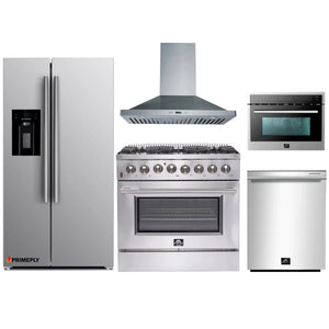 Forno 5-Piece Appliance Package - 36-Inch Dual Fuel Range, Refrigerator with Water Dispenser, Wall Mount Hood, Microwave Oven, & 3-Rack Dishwasher in Stainless Steel