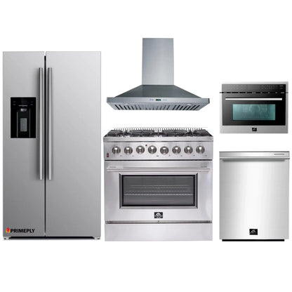 Forno 5-Piece Appliance Package - 36-Inch Dual Fuel Range, Refrigerator with Water Dispenser, Wall Mount Hood, Microwave Oven, & 3-Rack Dishwasher in Stainless Steel