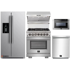 Forno 5-Piece Pro Appliance Package - 30-Inch Dual Fuel Range, Refrigerator with Water Dispenser, Wall Mount Hood with Backsplash, Microwave Drawer, & 3-Rack Dishwasher in Stainless Steel