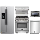 Forno 5-Piece Pro Appliance Package - 30-Inch Dual Fuel Range, Refrigerator with Water Dispenser, Wall Mount Hood with Backsplash, Microwave Drawer, & 3-Rack Dishwasher in Stainless Steel