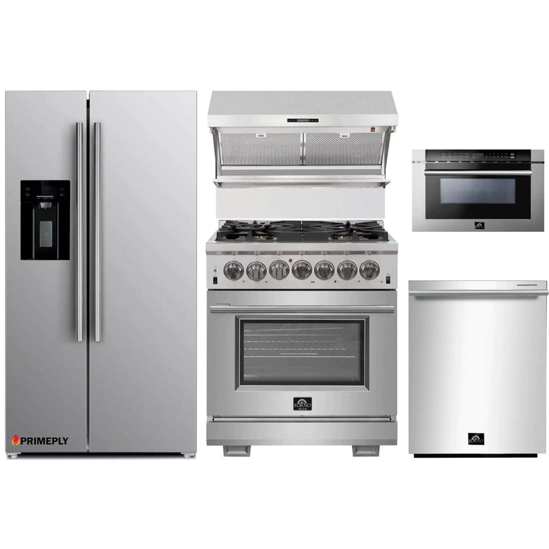 Forno 5-Piece Pro Appliance Package - 30-Inch Dual Fuel Range, Refrigerator with Water Dispenser, Wall Mount Hood with Backsplash, Microwave Drawer, & 3-Rack Dishwasher in Stainless Steel