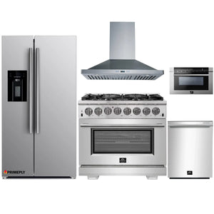 Forno 5-Piece Pro Appliance Package - 36-Inch Dual Fuel Range, Refrigerator with Water Dispenser, Wall Mount Hood, Microwave Drawer, & 3-Rack Dishwasher in Stainless Steel