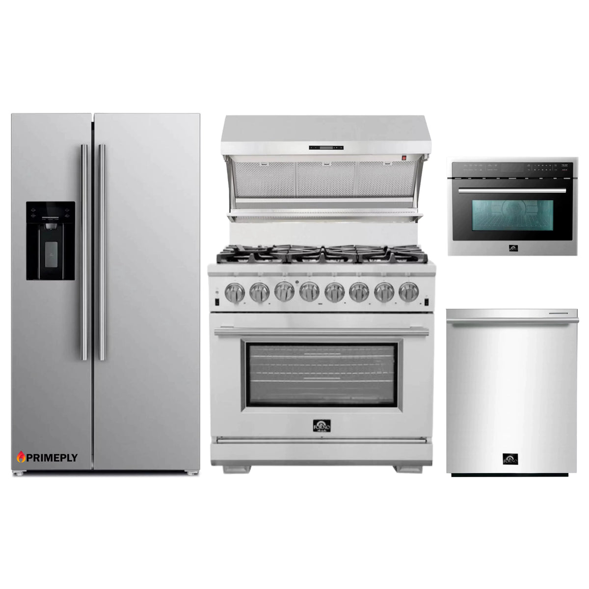 Forno 5-Piece Pro Appliance Package - 36-Inch Dual Fuel Range, Refrigerator with Water Dispenser, Wall Mount Hood with Backsplash, Microwave Oven, & 3-Rack Dishwasher in Stainless Steel